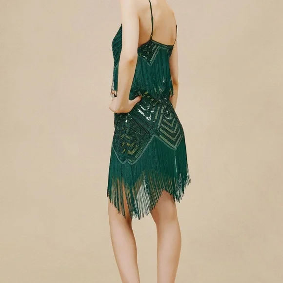 Elegant Green Fringe Flapper Party Dress - Picture 8 of 9